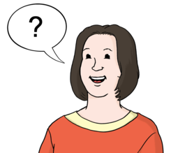 Leichte Sprache: Eine Frau mit einem Frage-Zeichen über dem Kopf. Sie fragt etwas.