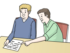 Leichte Sprache: 2 Personen am Schreibtisch schauen auf einen Zettel.