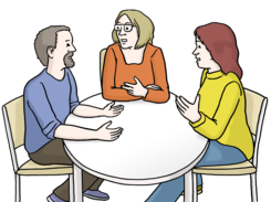 Leichte Sprache: 3 Personen sitzen am Tisch. Sie reden über etwas.