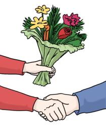 Leichte Sprache: Zwei Personen schütteln sich die Hand. In einer Hand ist ein Blumen-Strauß. Herzlichen Glück-Wunsch!